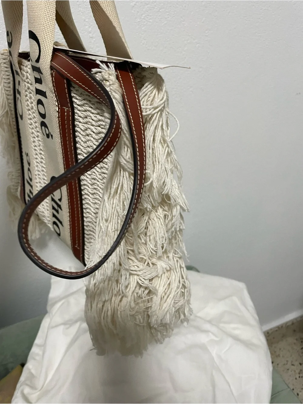 Chloé Natural crochet Tote with Branded Canvas Straps and Brown Leather Trim